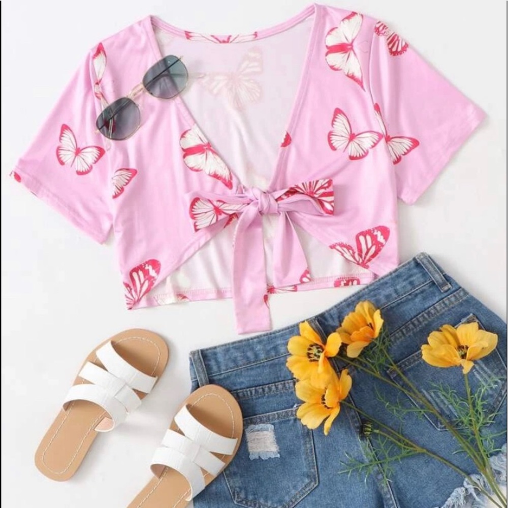 Tie front butterfly print crop top SHEIN